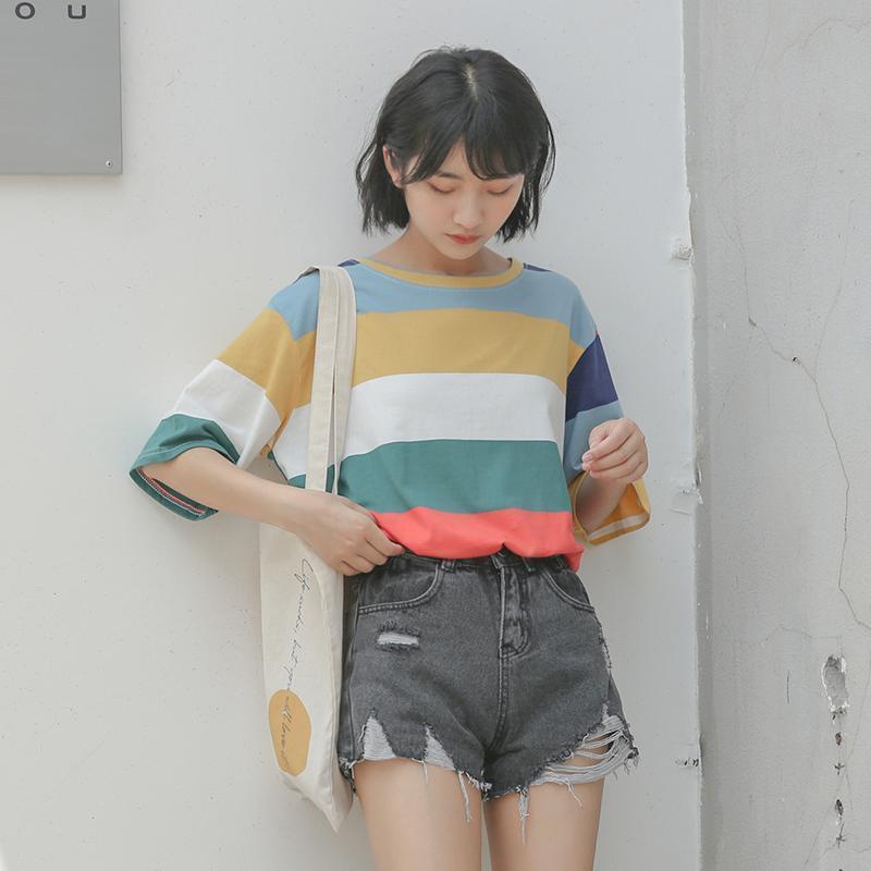 Áo thun IELGY ngắn tay dáng suông kẻ sọc màu cầu vồng phong cách Hàn Quốc cho nữ