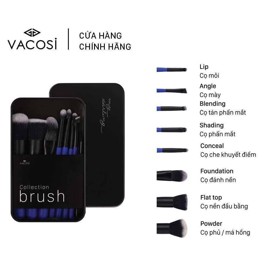 Hàng Hàn- Bộ cọ hộp sắt 8 cây Vacosi Makeup House Đen và Đỏ