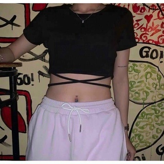 Áo Thun Croptop Phối Dây Cột Eo