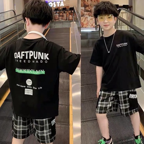 Đồ bộ bé trai CON XINH cotton phối quần caro in chữ DaftPunk,set quần đùi áo thun trẻ em từ 4 đến 10 tuổi