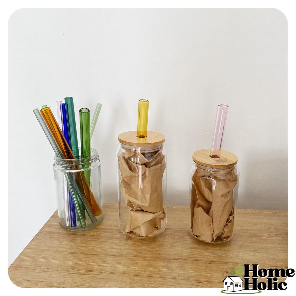 Bình Thuỷ Tinh Có Nắp Gỗ Tre  Borosilicate  Dáng Lon Nước Glass Can Nhiều Màu 380ml - 400ml Home Holic