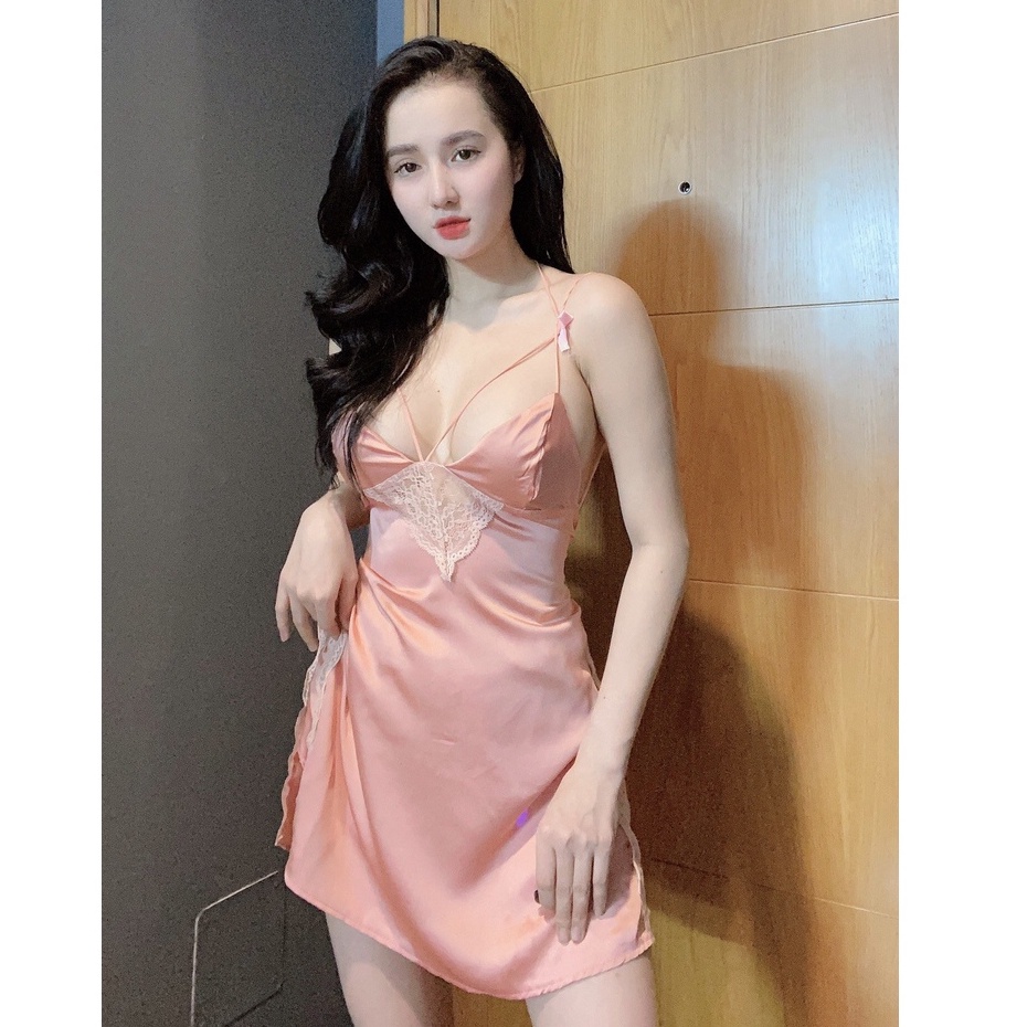 Đồ ngủ sexy / Đầm phối ren eo cột dây lưng,  chất liệu satin cao cấp loại 1, kèm quần đùi siêu cute, freesize dưới 65kg | BigBuy360 - bigbuy360.vn