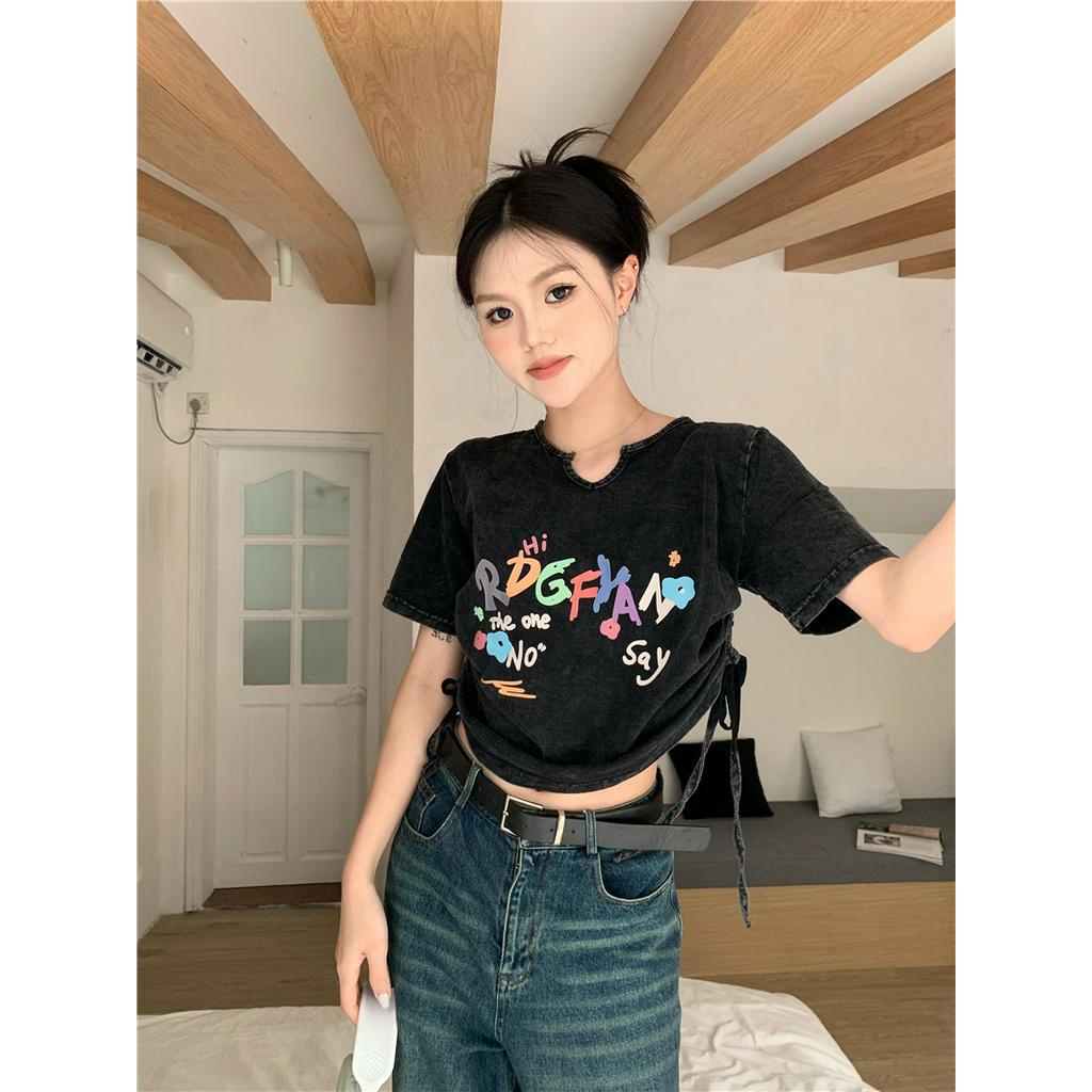 64189 Áo Thun Dây Rút Ngắn Phong Cách Đau Khổ