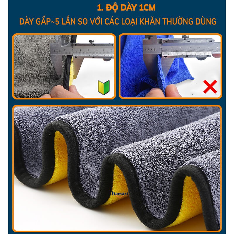 [3 MÀU 30x40cm] Khăn Lau Ô Tô Khăn Lau Đa Năng Hamart Siêu Thấm Hút Khăn Microfiber Cao Cấp