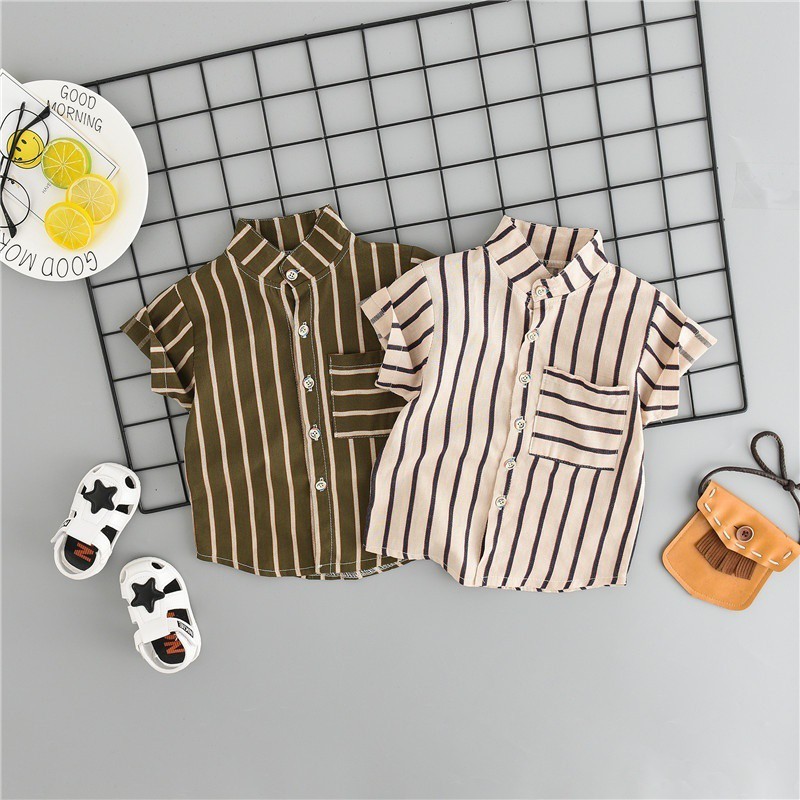 Set áo sơ mi kẻ sọc + quần ngắn thời trang cho bé trai