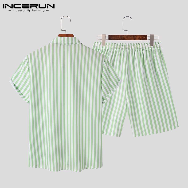 Set áo sơ mi tay ngắn kẻ sọc + quần short INCERUN thời trang cao cấp cho nam