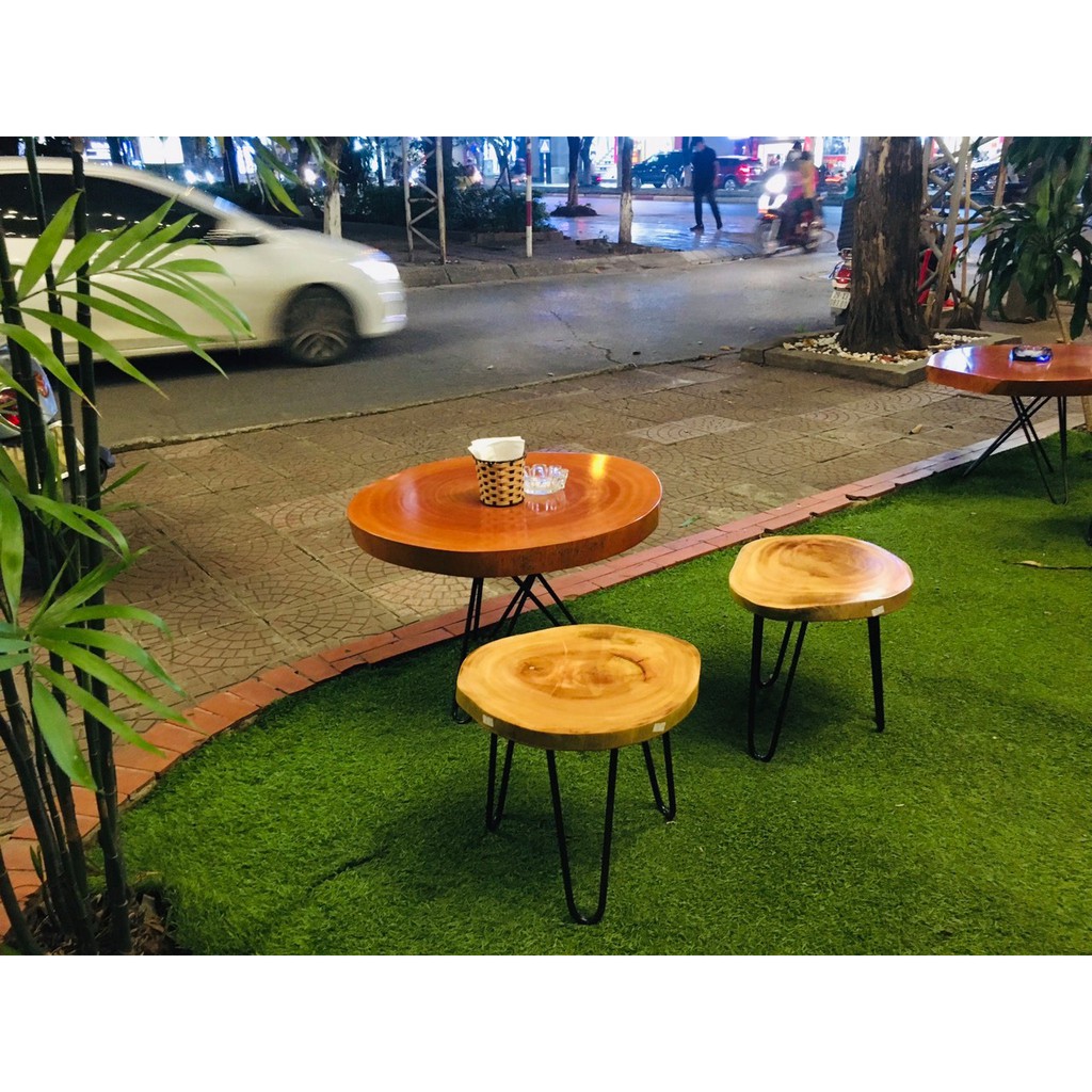 Tổng sale 35% Rẻ Nhất Bàn cafe gỗ xà cừ| Bàn trà Decor ban công gỗ xà cừ  - Chân hairpin cao 40 - 50cm