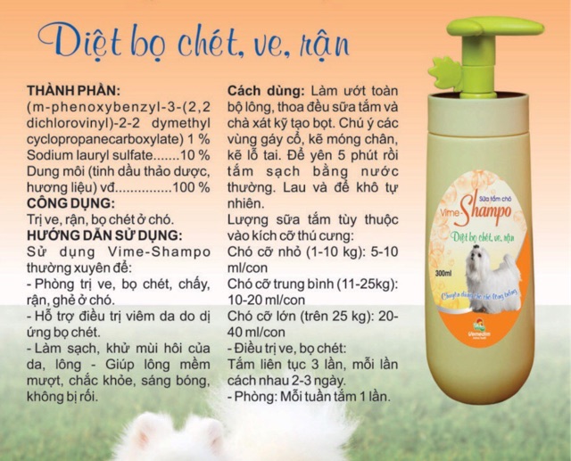 Sữa Tắm Thuốc Diệt Ve Rận Cho Chó Lông Trắng - Vime Shampo
