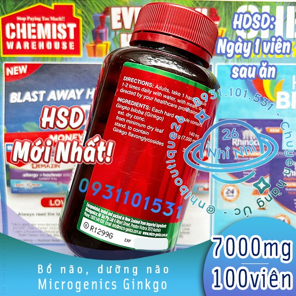 🚀7000mg - NGÀY 1V🚀  Viên uống bổ não - hoạt huyết dưỡng não Microgenics Ginkgo 7000 100 viên 🚀 Chemist Warehouse - Úc 🚀