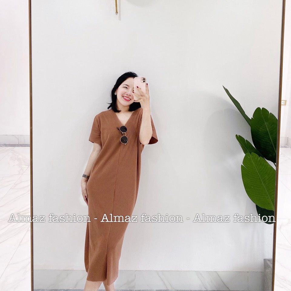 Váy  cổ V form suông nhúng chun sang chảnh dành cho mẹ bầu - Almaz Fashion