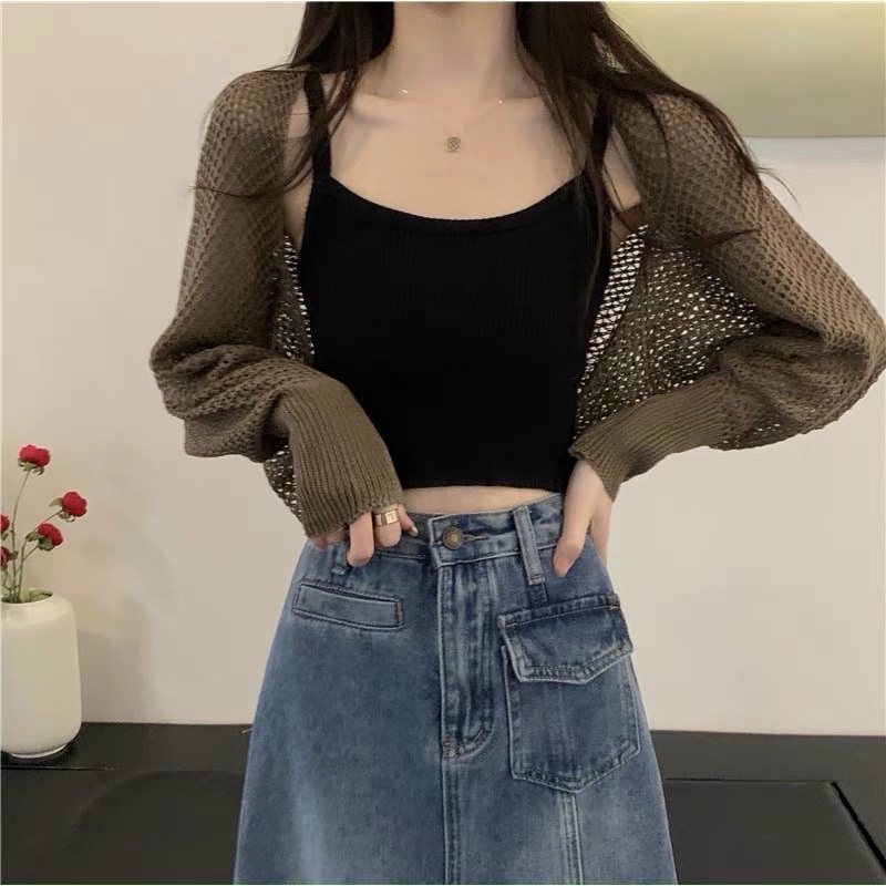 Áo khoác cadigan len lưới mỏng dáng lửng ngắn, Áo khoác len lưới croptop AK6503 - NhiNhi Shop