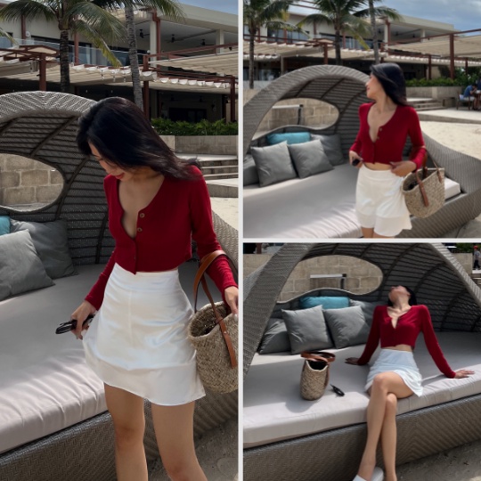 Áo ngắn tay dài nút gỗ Button Front Croptop vải co dãn LOVEKIUTEE