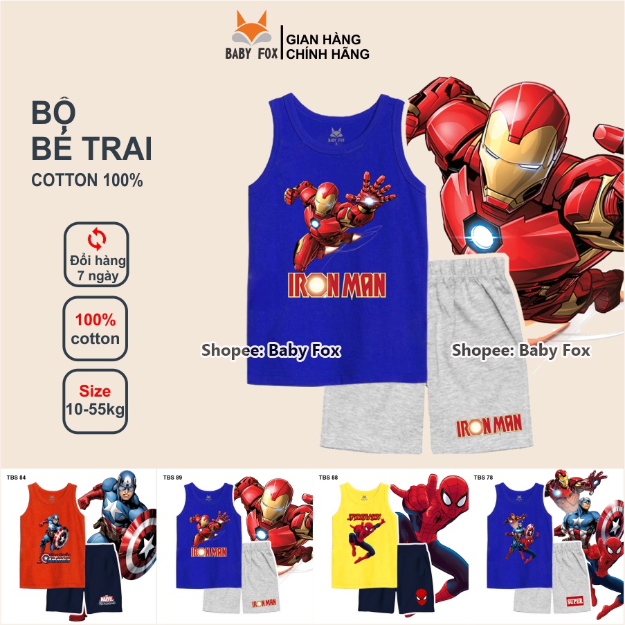 Bộ thun bé trai sát nách 100% cotton cao cấp, BABY FOX, hình người nhện, người sắt i