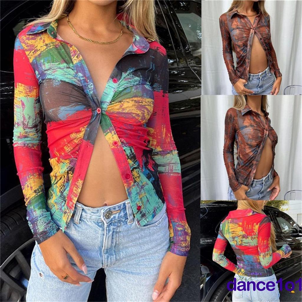 Áo sơ mi dài tay cổ chữ V in họa tiết nhuộm màu phong cách retro dành cho nữ