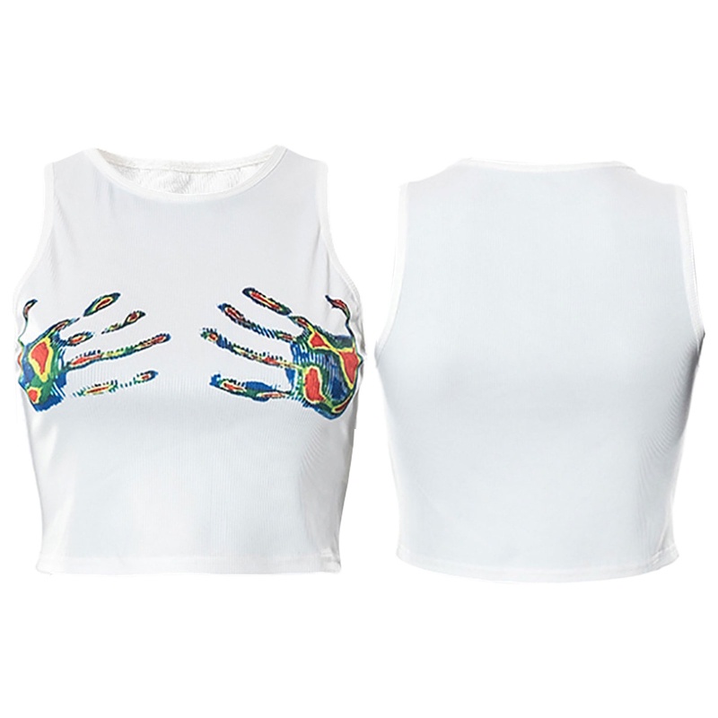 Brroa Áo Crop Top Dệt Kim Không Tay Có Gân In Hình Bàn Tay Phong Cách Harajuku Mùa Hè Cho Nữ