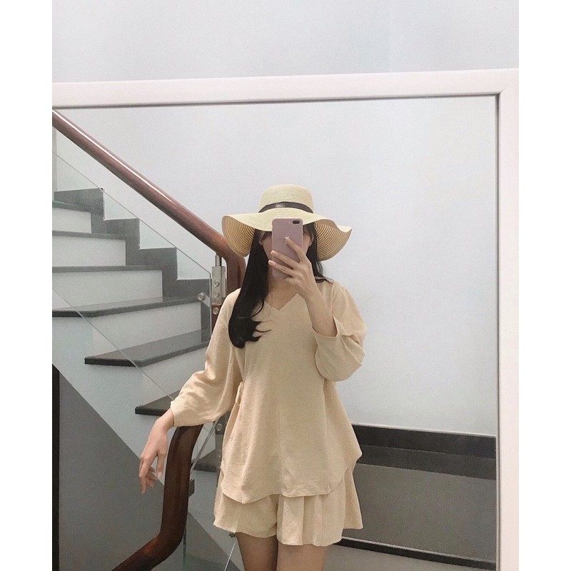 Set áo babbydoll nơ eo + quần