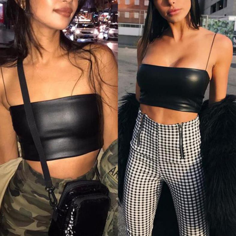 Áo Croptop sát nách chất da PU thiết kế màu trơn thanh lịch quyến rũ * * *