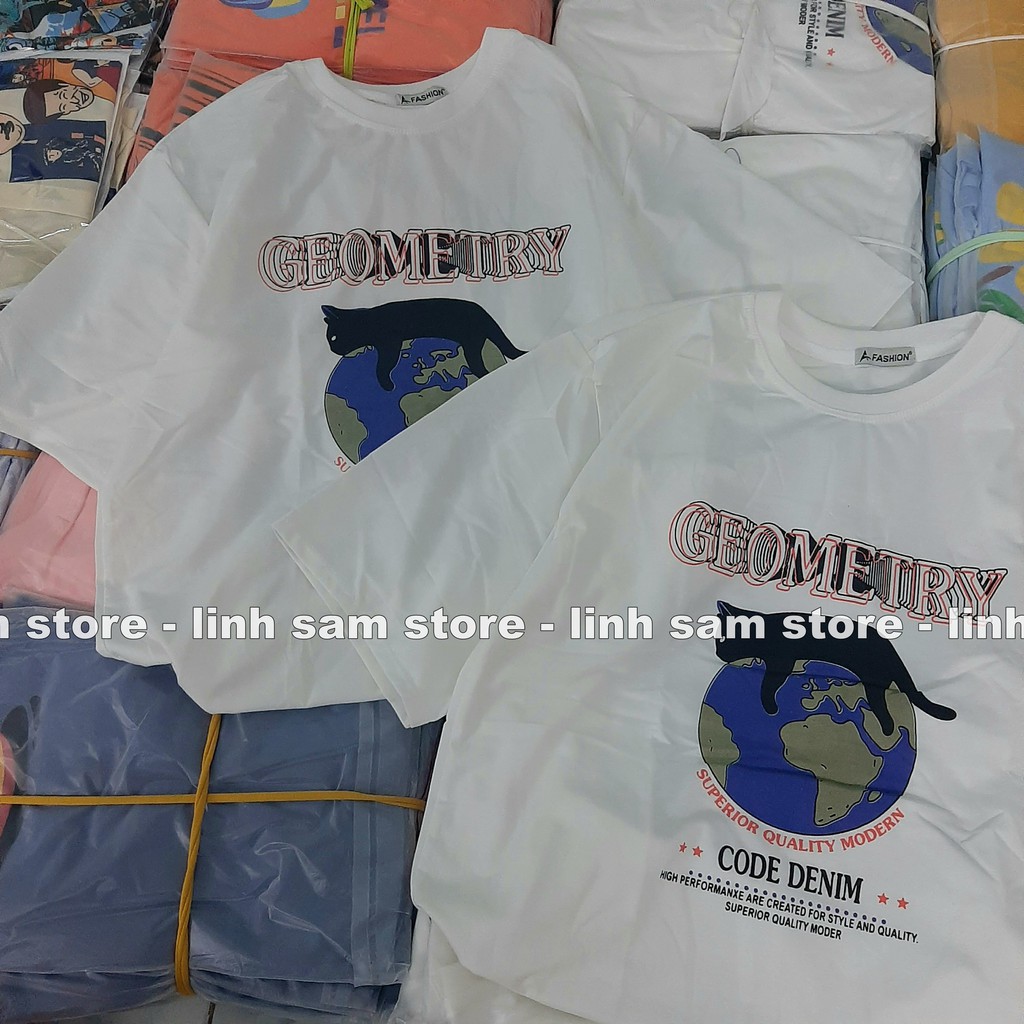 Áo thun tay lỡ nữ freesize phông form rộng dáng Unisex, mặc lớp, nhóm, cặp in hình MÈO ĐỊA CẦU GEOMETRY màu trắng | BigBuy360 - bigbuy360.vn