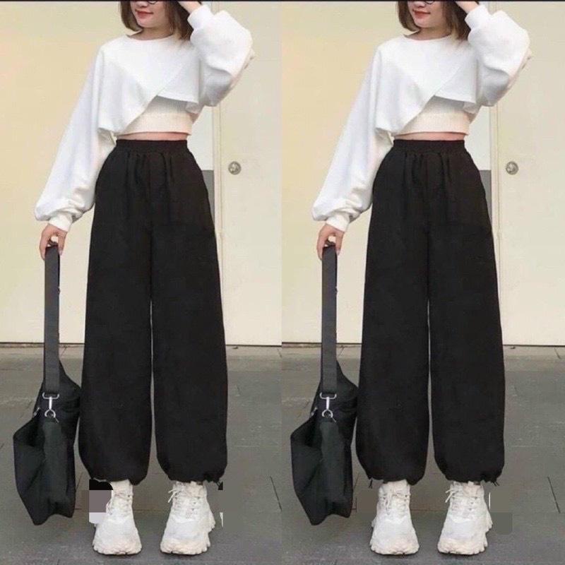 Set áo nữ thun chéo 2 món dài tay phồng - Croptop cắt lớp kèm áo 2 dây body dáng ôm màu trắng, đen phong cách ulzzang