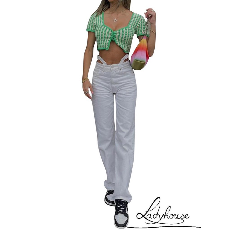 Áo Dệt Kim Tay Ngắn Cổ Vuông In Họa Tiết Kẻ Sọc Có Dây Điều Chỉnh Được Thời Trang Mùa Hè Cho Nữ