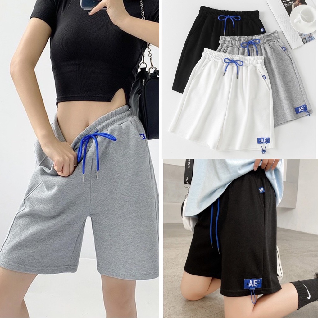 Quần đùi chốt gấu' AE XANH  chất cotton dầy from to unisex nam nữ mặc được, có 3 màu: Đen, xám trắng, ullzang, hot