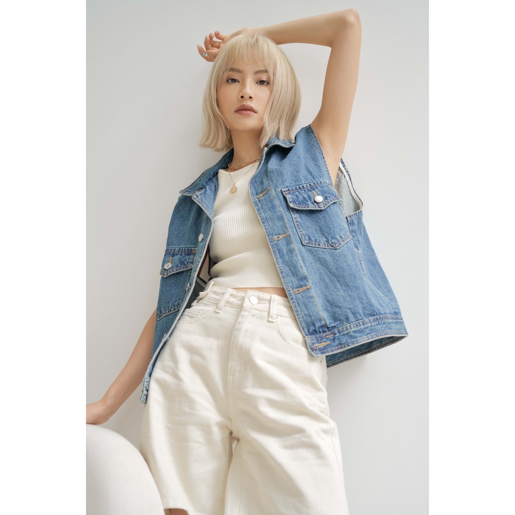 Áo ghile denim trơn thời trang phối nút LENCLOTHING 854400