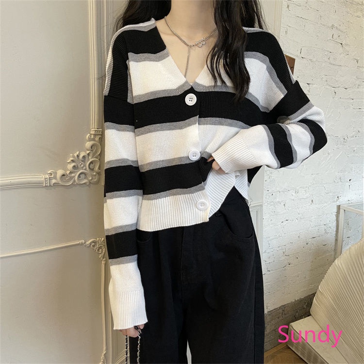 Áo khoác cardigan dệt kim tay dài cổ chữ v kẻ sọc thời trang mùa thu cho nữ