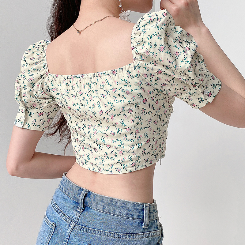 Áo Croptop Chất Chiffon Tay Loe Hoạ Tiết Hoa Nữ Tính Xinh Xắn