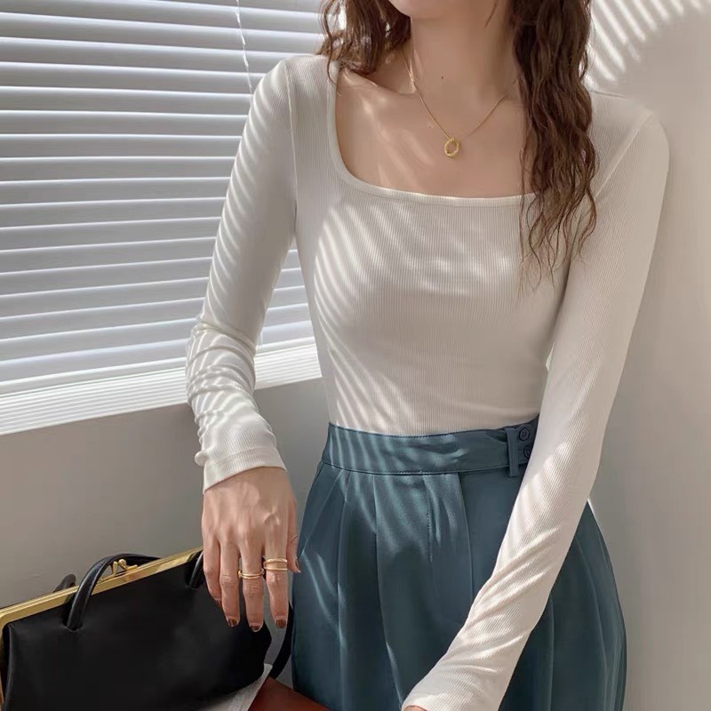 Áo croptop nữ ôm body cổ vuông tay dài trơn màu trắng đen siêu ôm dáng
