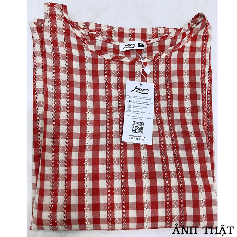 Áo kiểu nữ công sở Louro L214,kèm ảnh thật, mẫu áo công sở ngắn tay, họa tiết caro | BigBuy360 - bigbuy360.vn