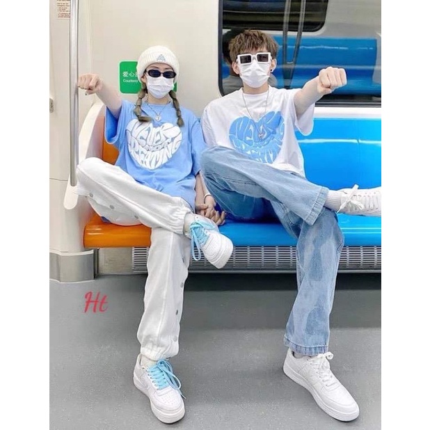 Áo đôi tim xanh trắng HT11