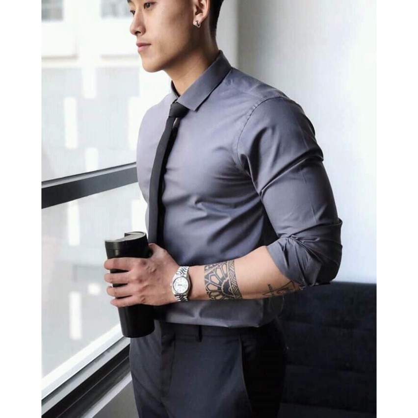 Áo sơ mi nam trơn giãn dài tay kiểu dáng Hàn Quốc , vải lụa thái mềm mịn , chống nhăn | BigBuy360 - bigbuy360.vn