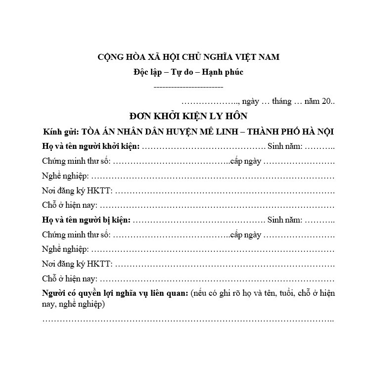 Mẫu đơn ly hôn của Tòa án huyện Mê Linh+bản hướng dẫn chuẩn bị hồ sơ, hướng dẫn nộp hồ sơ đến Tòa án