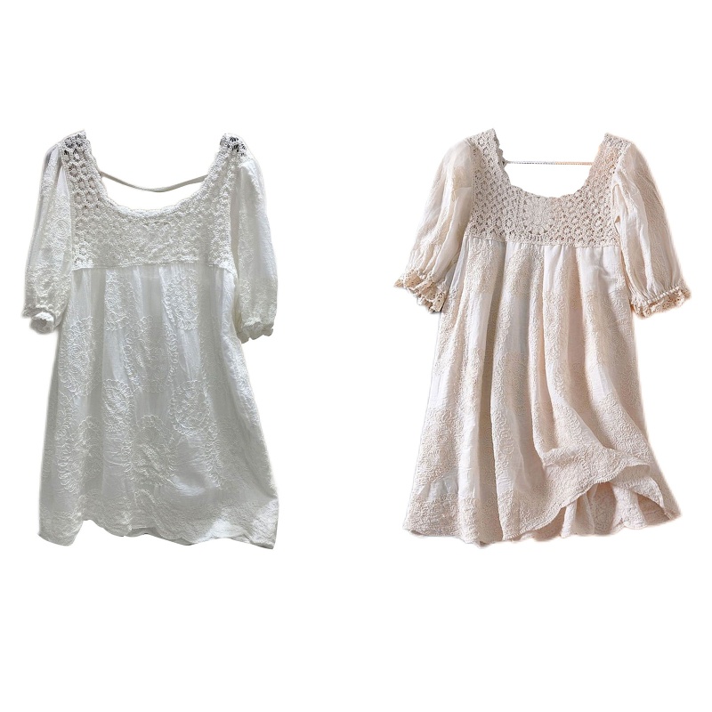 Đầm Tay Lỡ Phối Ren Dáng Suông Thêu Hoa Xinh Xắn Thời Trang Cho Nữ