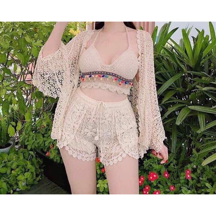 Set bikini đồ bơi len móc kèm áo choàng siêu đẹp nữ tính hot nhất mùa hè ( Đảo bảo 100% như hình)