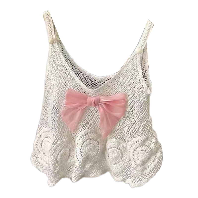 Áo Croptop Dệt Kim Hai Dây Thắt Nơ Dáng Rộng Dễ Thương Cho Bạn Gái