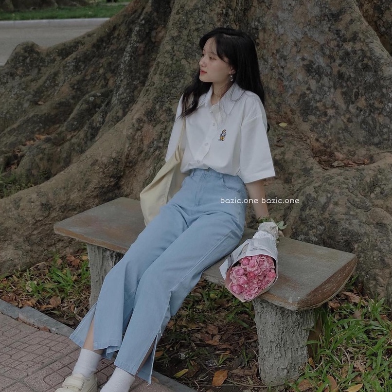 Áo sơ mi thêu gấu unisex tay lỡ be trắng xanh freesize vintage hàn quốc đi làm đi học ylydress C446