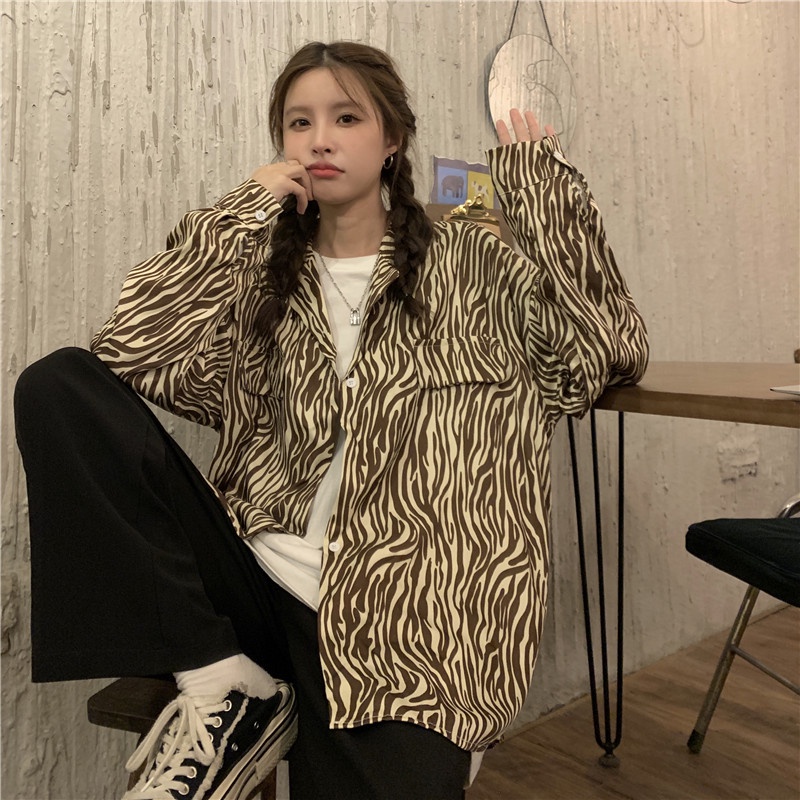 Áo sơ mi SUXI tay dài họa tiết ngựa vằn thời trang hàn quốc cho nữ