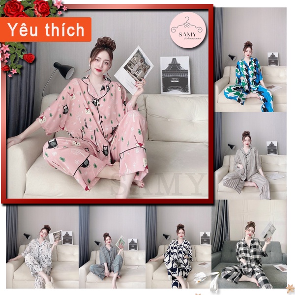 Đồ bộ nữ pijama mặc nhà quần dài, tay lửng cánh dơi chất liệu mango freesize giá rẻ