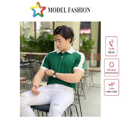 Áo thun polo nam xanh lá vai công sở, đánh tenis hot trend trắng cổ bẻ tay ngắn trơn hàn quốc Model Fashion