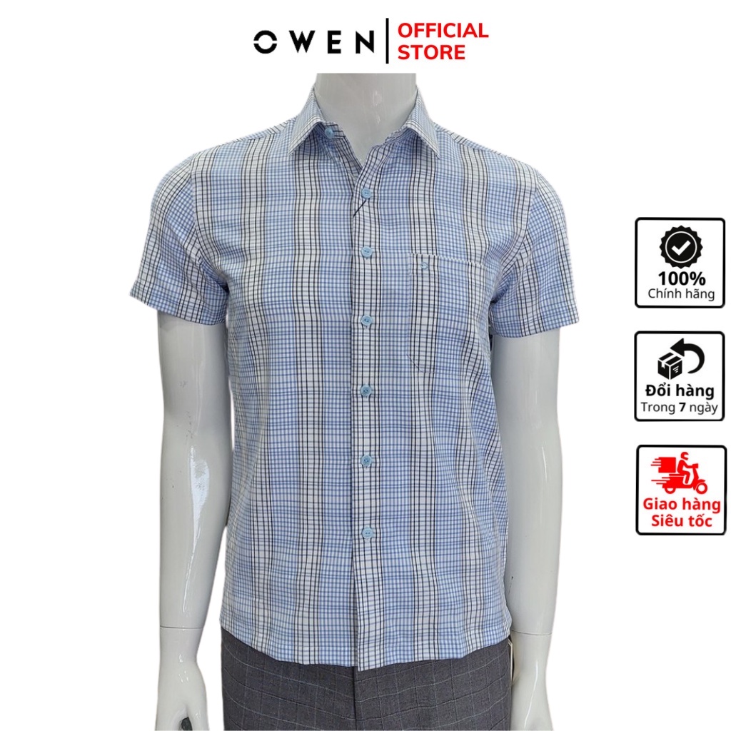 Áo sơ mi nam ngắn tay OWEN BA91627NT somi công sở vải café cao cấp màu kẻ caro xanh trắng dáng suông tà bằng có túi