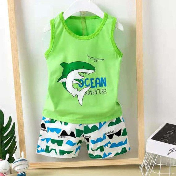 [Mã FADIRECT20 giảm 20K đơn 99K] Bộ áo thun cotton sát nách mát mẻ in cá voi mùa hè