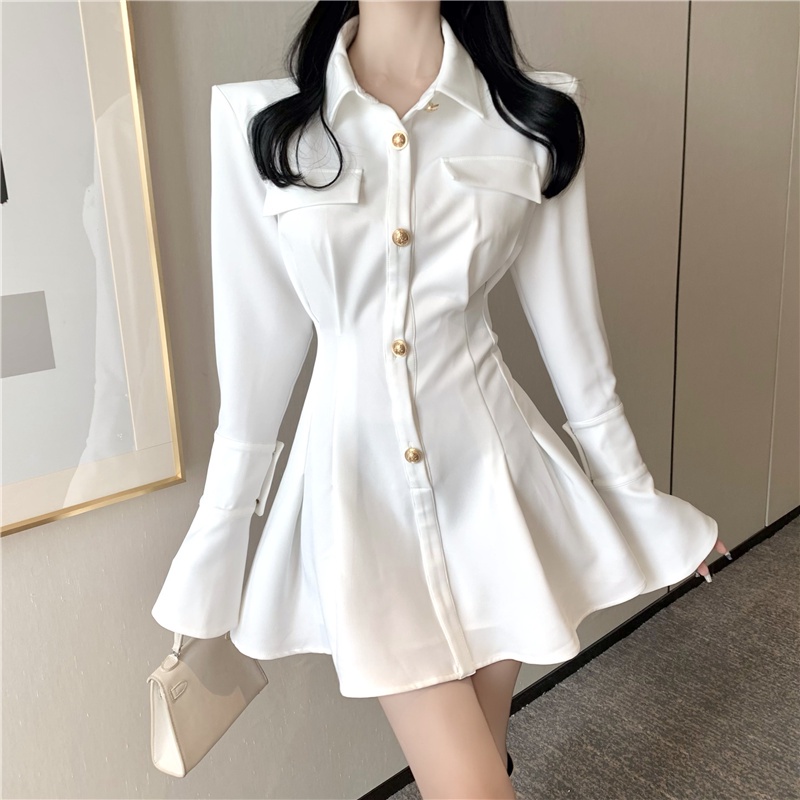 Đầm sơmi dài tay của nữ hàng Quảng Châu cao cấp đầu xu hướng thu đông phong cách ngọt ngào tiểu thư khí chất