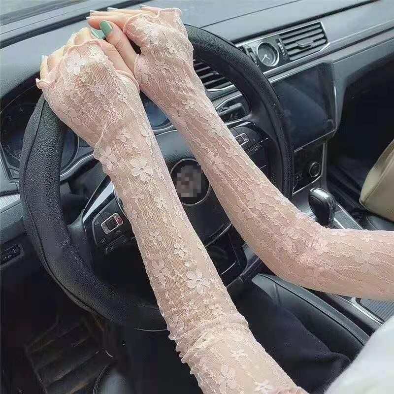 Găng Tay Lưới Ren Hoa Siêu Mỏng Co Giãn Chống Nắng Tia UV Màu Đen Thời Trang Mùa Hè Cho Nữ
