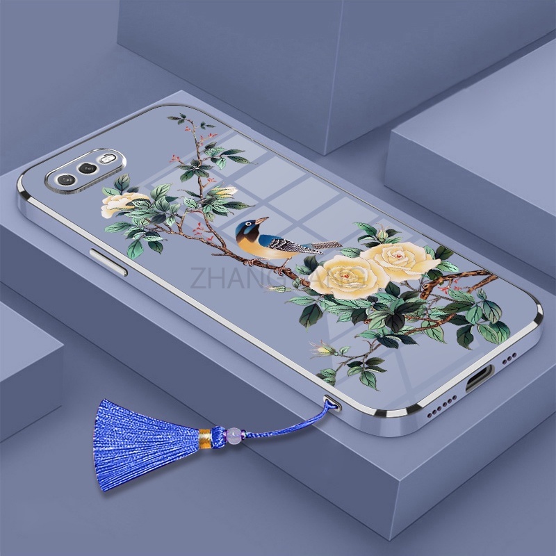 Ốp lưng oppo a5s a12 a7 a31 F9 a7x Vỏ điện thoại di động TPU hoa văn chim và hoa được mạ điện có dây buộc tua