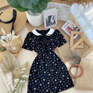 Đầm hoa phối cổ trắng cutout ngực