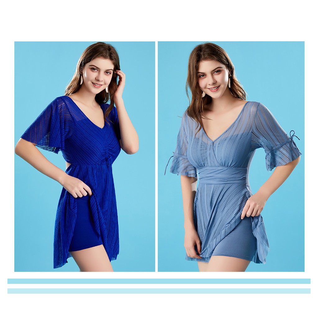 Áo tắm liền váy nữ cổ chữ V chun ngực tay loe giấu bụng MH2021+2027 | BigBuy360 - bigbuy360.vn