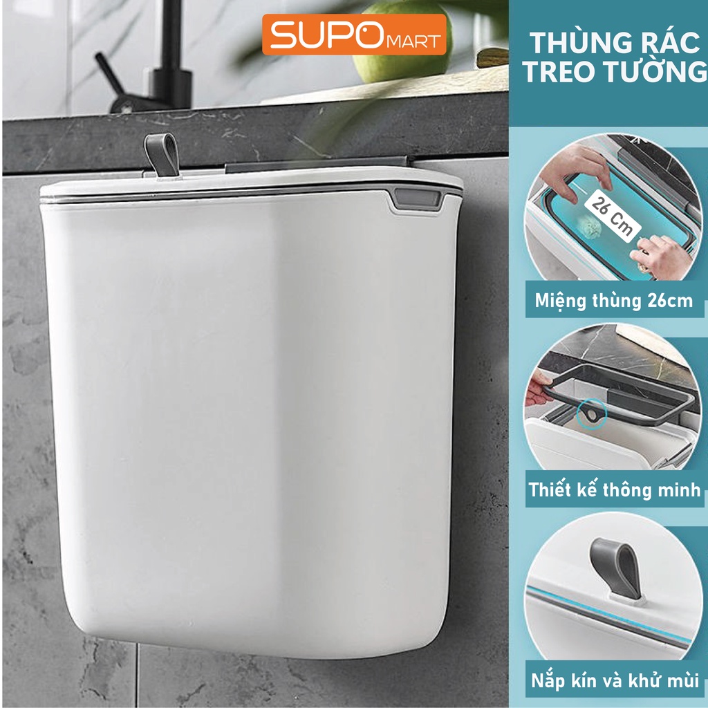 Thùng rác treo tủ bếp SUPO Mart 9L nắp trượt thông minh, thùng rác treo nhà vệ sinh có nắp đậy