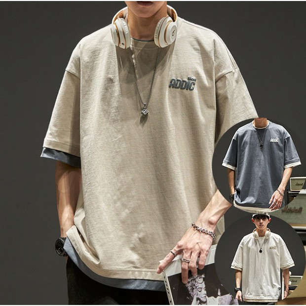 Triple A💕Short-sleeved t-shirt men's summer Japanese simple large size men's casual all-match shirt ins cotton loose fake two-piece tide