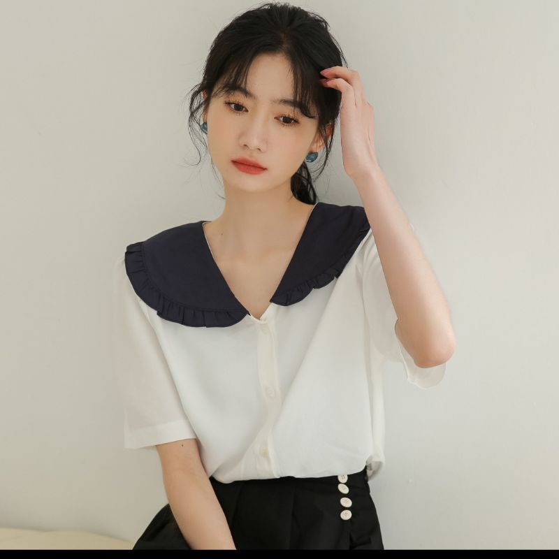 áo sơ mi cổ bèo phối màu tiểu thư ảnh thật